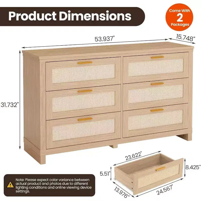 Acekool Commode 6 tiroirs en rotin, commode moderne bohème avec façades tressées, grand meuble de rangement pour chambre, dressing, salon, naturel
