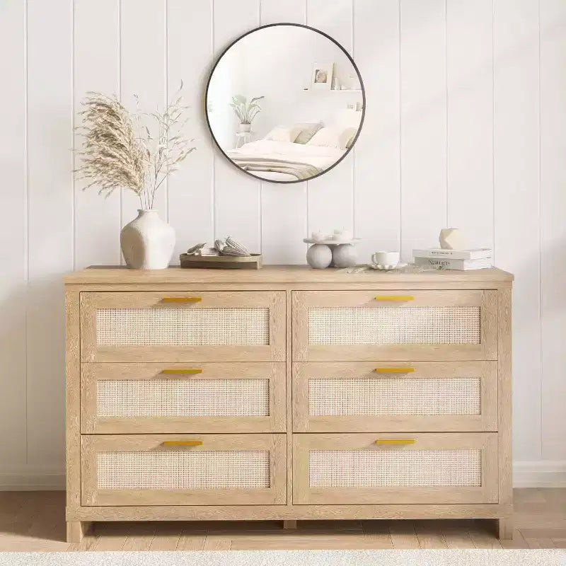 Acekool Commode 6 tiroirs en rotin, commode moderne bohème avec façades tressées, grand meuble de rangement pour chambre, dressing, salon, naturel