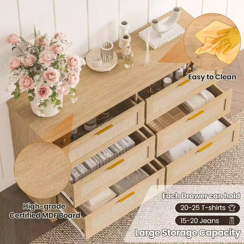 Acekool Commode 6 tiroirs en rotin, commode moderne bohème avec façades tressées, grand meuble de rangement pour chambre, dressing, salon, naturel