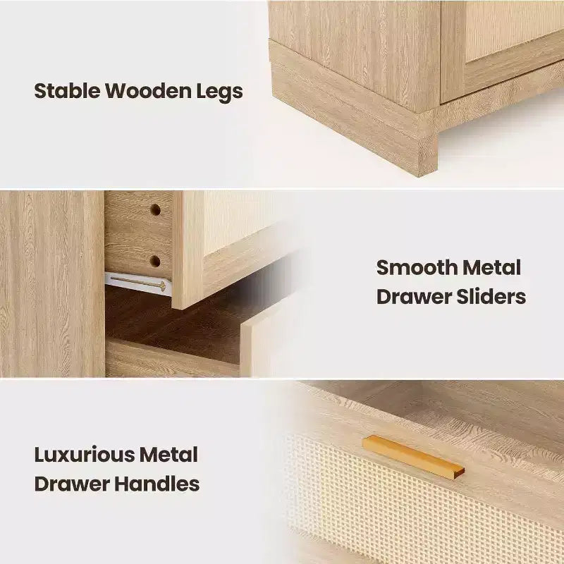 Acekool Commode 6 tiroirs en rotin, commode moderne bohème avec façades tressées, grand meuble de rangement pour chambre, dressing, salon, naturel