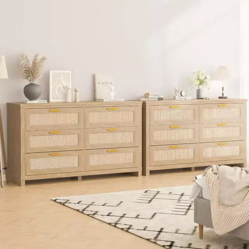 Acekool Commode 6 tiroirs en rotin, commode moderne bohème avec façades tressées, grand meuble de rangement pour chambre, dressing, salon, naturel