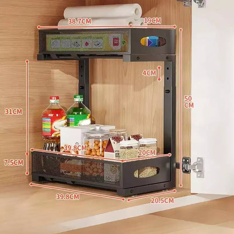 Rangement sous évier GustoWave, organiseur de cuisine en acier au carbone, panier de rangement coulissant à 2 niveaux pour sous évier, organiseur de meuble de cuisine réglable en hauteur
