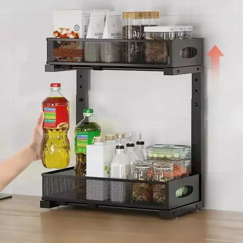 Rangement sous évier GustoWave, organiseur de cuisine en acier au carbone, panier de rangement coulissant à 2 niveaux pour sous évier, organiseur de meuble de cuisine réglable en hauteur