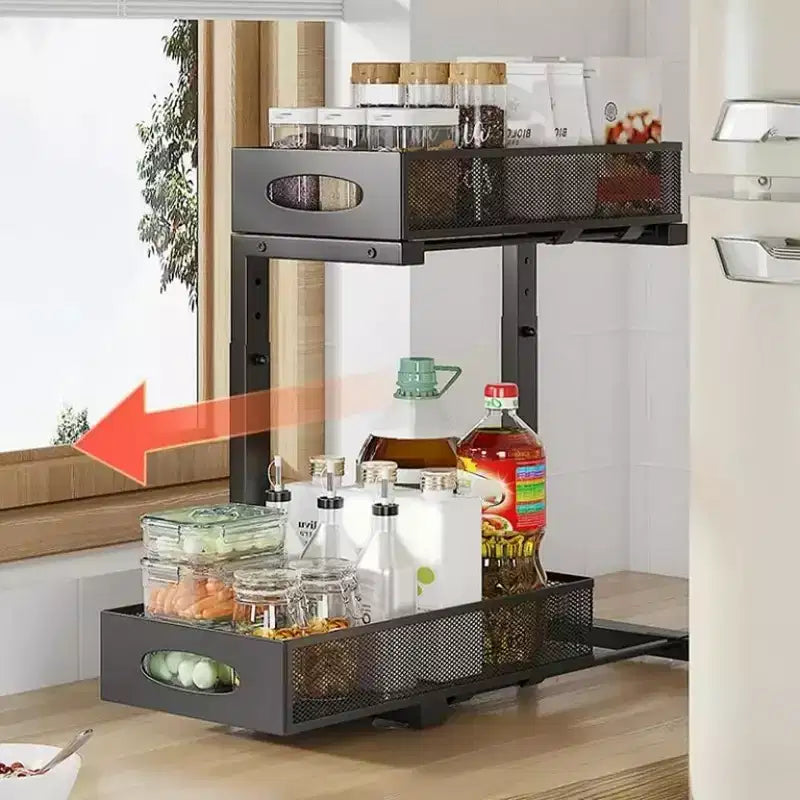 Rangement sous évier GustoWave, organiseur de cuisine en acier au carbone, panier de rangement coulissant à 2 niveaux pour sous évier, organiseur de meuble de cuisine réglable en hauteur
