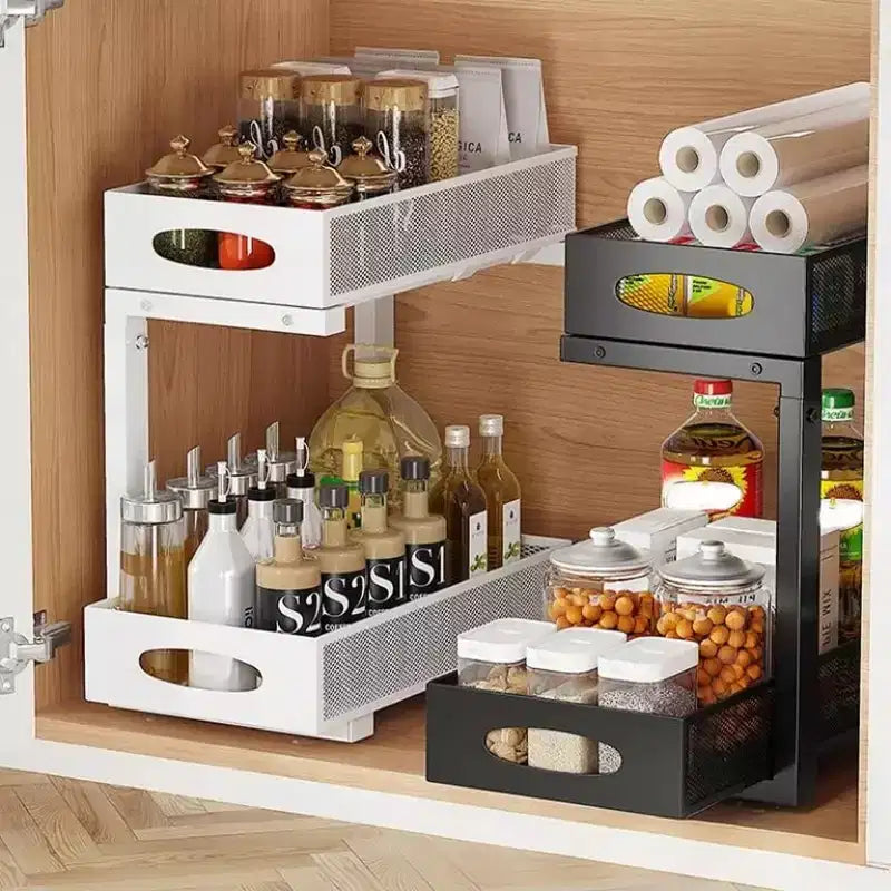 Rangement sous évier GustoWave, organiseur de cuisine en acier au carbone, panier de rangement coulissant à 2 niveaux pour sous évier, organiseur de meuble de cuisine réglable en hauteur