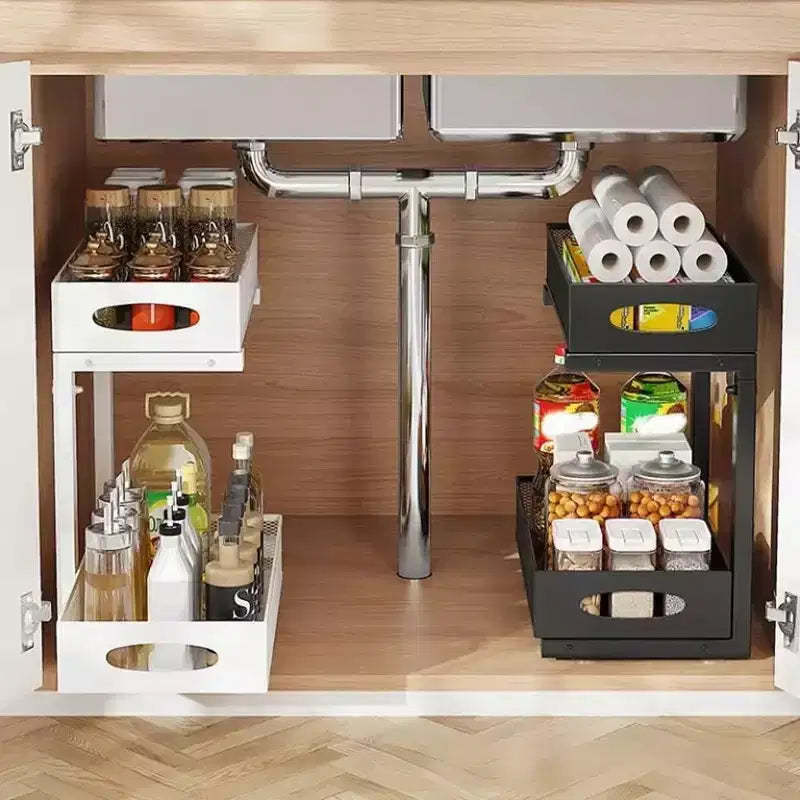 Rangement sous évier GustoWave, organiseur de cuisine en acier au carbone, panier de rangement coulissant à 2 niveaux pour sous évier, organiseur de meuble de cuisine réglable en hauteur