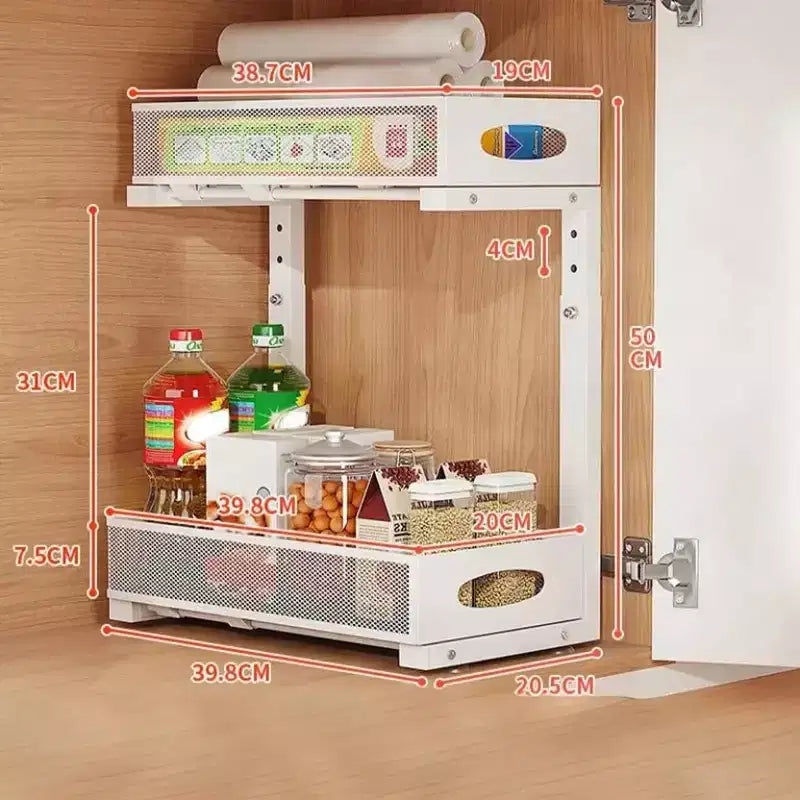Rangement sous évier GustoWave, organiseur de cuisine en acier au carbone, panier de rangement coulissant à 2 niveaux pour sous évier, organiseur de meuble de cuisine réglable en hauteur