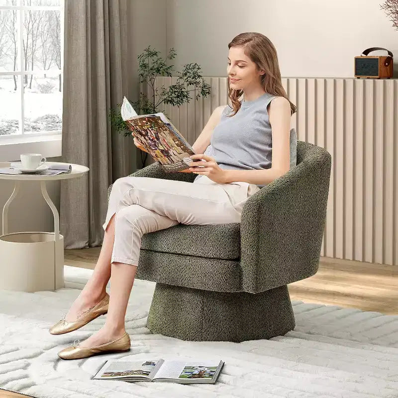 Fauteuil de salon pivotant à 360°, revêtement en chenille peluche, base en bois avec pouf, réglable (Beige/Gris/Vert/Rose) pour salon et chambre à coucher