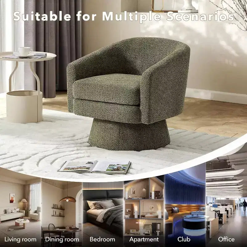 Fauteuil de salon pivotant à 360°, revêtement en chenille peluche, base en bois avec pouf, réglable (Beige/Gris/Vert/Rose) pour salon et chambre à coucher