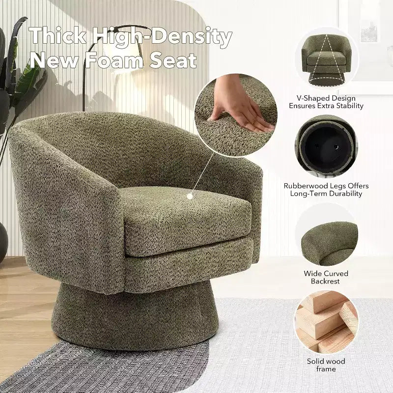 Fauteuil de salon pivotant à 360°, revêtement en chenille peluche, base en bois avec pouf, réglable (Beige/Gris/Vert/Rose) pour salon et chambre à coucher