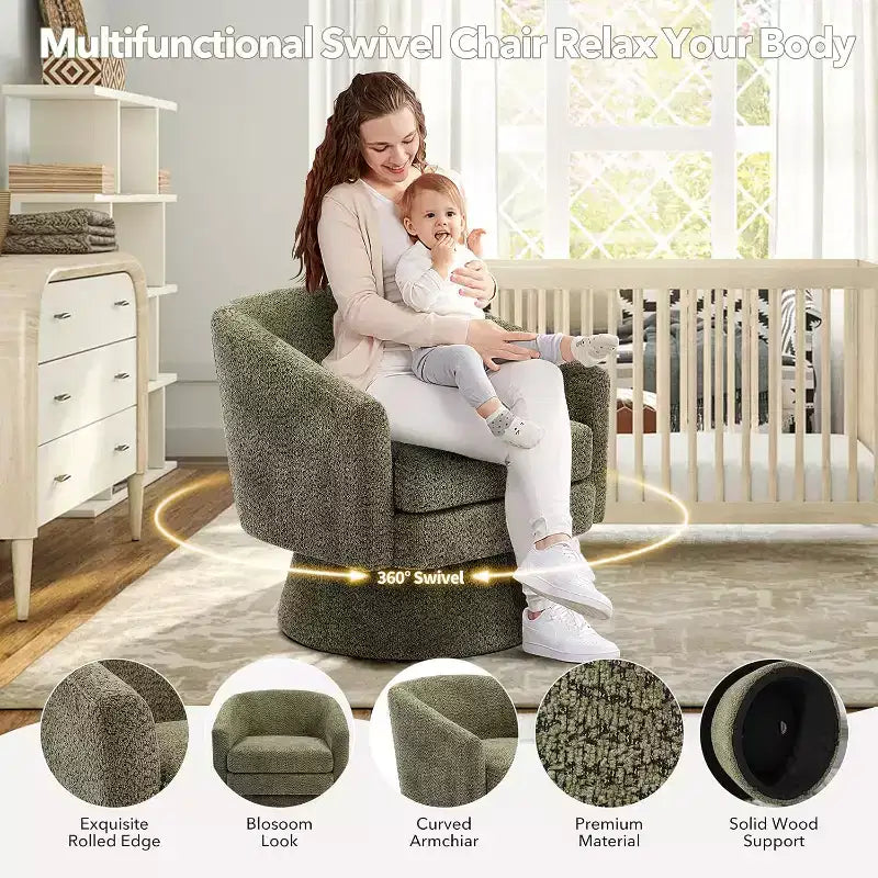Fauteuil de salon pivotant à 360°, revêtement en chenille peluche, base en bois avec pouf, réglable (Beige/Gris/Vert/Rose) pour salon et chambre à coucher