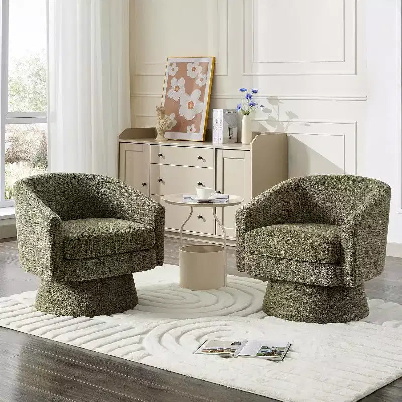 Fauteuil de salon pivotant à 360°, revêtement en chenille peluche, base en bois avec pouf, réglable (Beige/Gris/Vert/Rose) pour salon et chambre à coucher