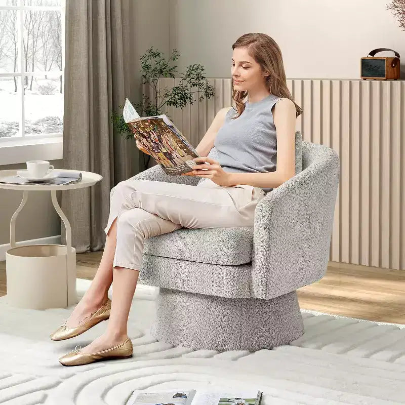 Fauteuil de salon pivotant à 360°, revêtement en chenille peluche, base en bois avec pouf, réglable (Beige/Gris/Vert/Rose) pour salon et chambre à coucher