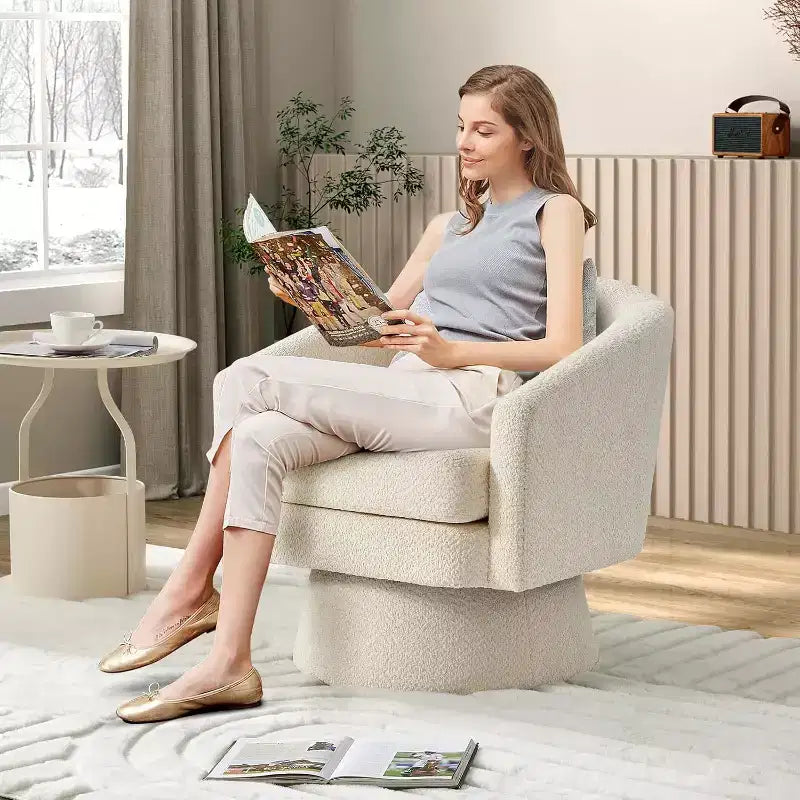 Fauteuil de salon pivotant à 360°, revêtement en chenille peluche, base en bois avec pouf, réglable (Beige/Gris/Vert/Rose) pour salon et chambre à coucher