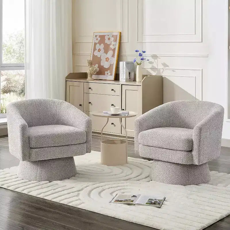 Fauteuil de salon pivotant à 360°, revêtement en chenille peluche, base en bois avec pouf, réglable (Beige/Gris/Vert/Rose) pour salon et chambre à coucher