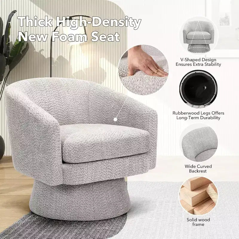 Fauteuil de salon pivotant à 360°, revêtement en chenille peluche, base en bois avec pouf, réglable (Beige/Gris/Vert/Rose) pour salon et chambre à coucher