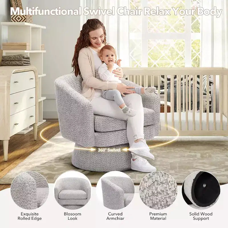 Fauteuil de salon pivotant à 360°, revêtement en chenille peluche, base en bois avec pouf, réglable (Beige/Gris/Vert/Rose) pour salon et chambre à coucher
