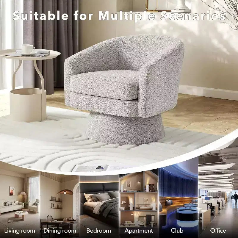 Fauteuil de salon pivotant à 360°, revêtement en chenille peluche, base en bois avec pouf, réglable (Beige/Gris/Vert/Rose) pour salon et chambre à coucher