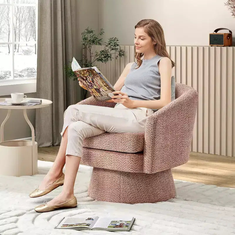 Fauteuil de salon pivotant à 360°, revêtement en chenille peluche, base en bois avec pouf, réglable (Beige/Gris/Vert/Rose) pour salon et chambre à coucher