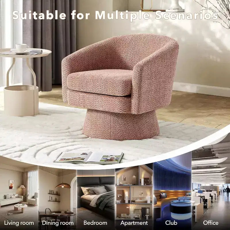 Fauteuil de salon pivotant à 360°, revêtement en chenille peluche, base en bois avec pouf, réglable (Beige/Gris/Vert/Rose) pour salon et chambre à coucher
