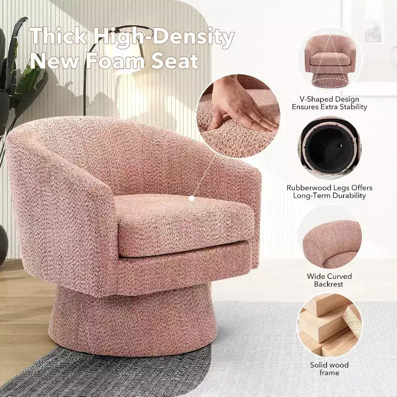 Fauteuil de salon pivotant à 360°, revêtement en chenille peluche, base en bois avec pouf, réglable (Beige/Gris/Vert/Rose) pour salon et chambre à coucher
