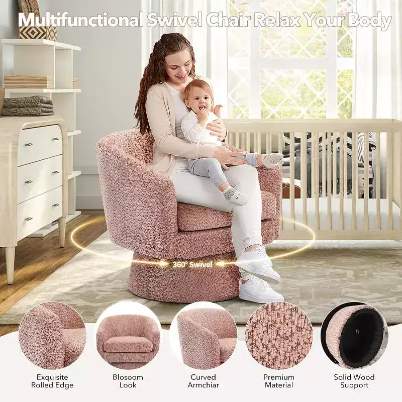 Fauteuil de salon pivotant à 360°, revêtement en chenille peluche, base en bois avec pouf, réglable (Beige/Gris/Vert/Rose) pour salon et chambre à coucher