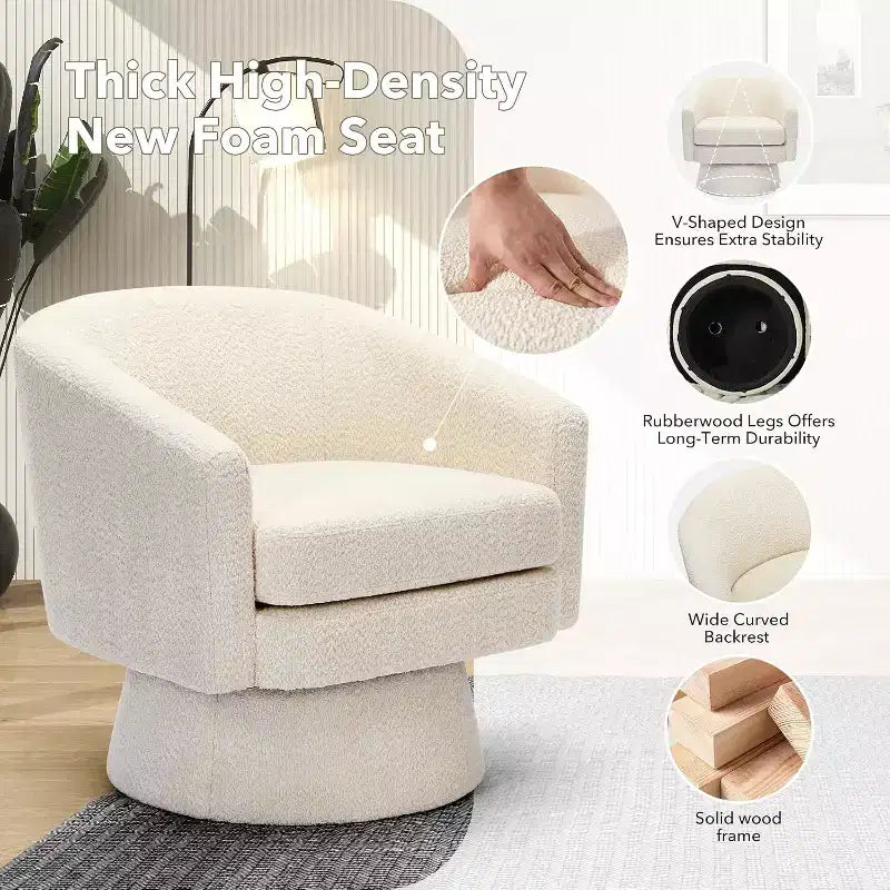 Fauteuil de salon pivotant à 360°, revêtement en chenille peluche, base en bois avec pouf, réglable (Beige/Gris/Vert/Rose) pour salon et chambre à coucher
