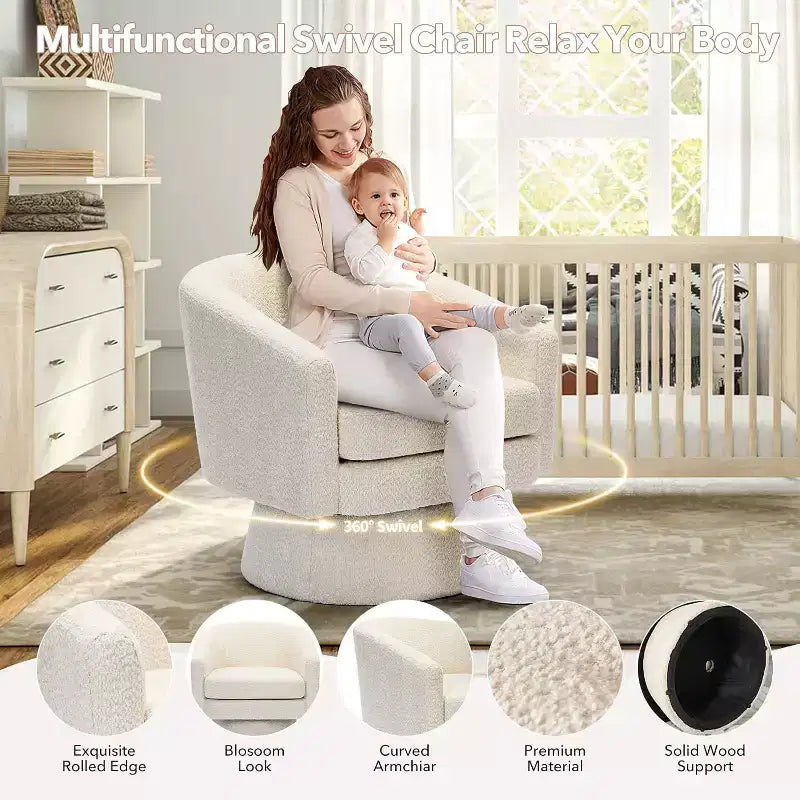 Fauteuil de salon pivotant à 360°, revêtement en chenille peluche, base en bois avec pouf, réglable (Beige/Gris/Vert/Rose) pour salon et chambre à coucher