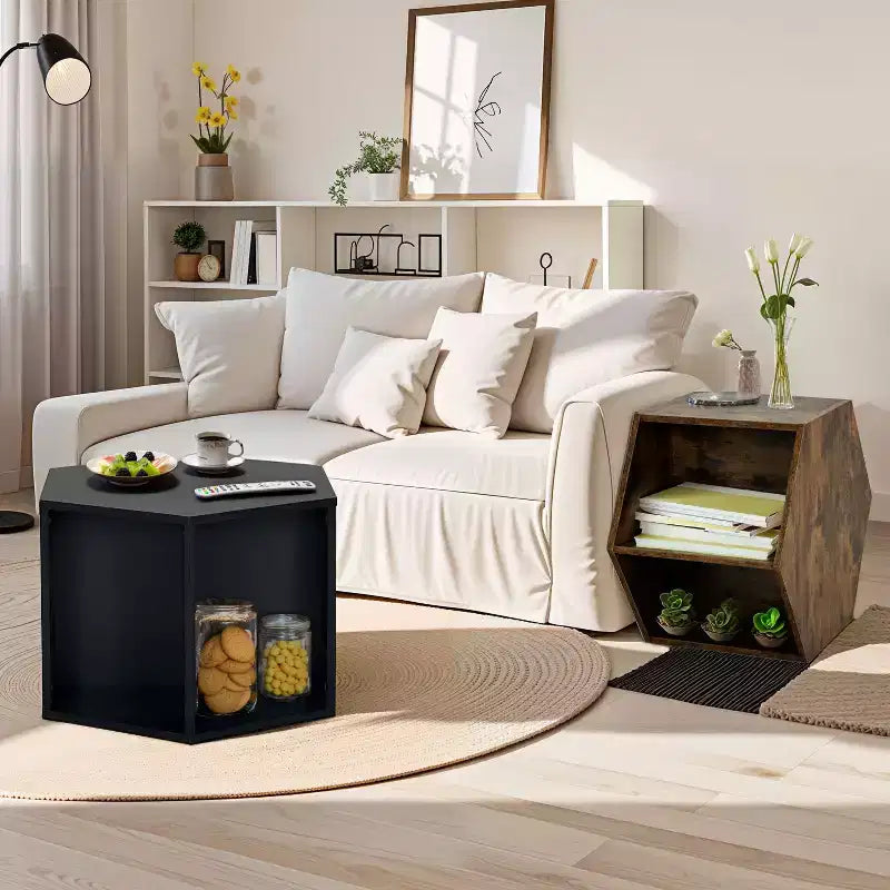 Table Basse Hexagonale Empilable Okak 23.6 avec Rangement Ouvert, Table d'Appoint Multifonctionnelle pour Salon, Chambre à Coucher, Bureau à Domicile