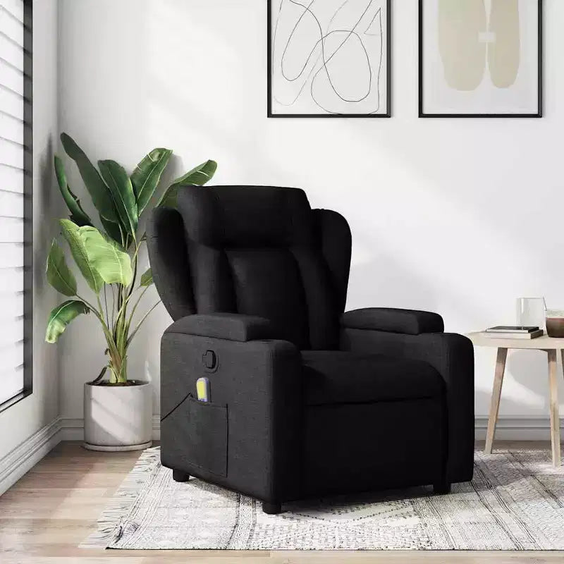 Fauteuil inclinable de massage en tissu noir-Inclinaison manuelle-Massage par vibration-Assise rembourrée-Porte-gobelets