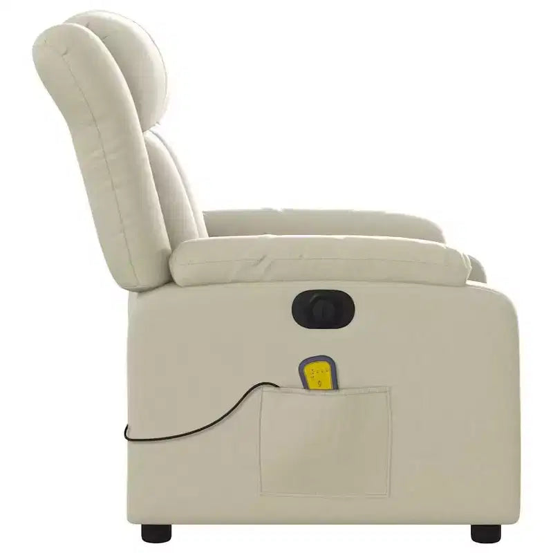 Fauteuil inclinable de massage électrique - Fauteuil en similicuir crème avec inclinaison motorisée, massage vibrant, poche latérale pour salon