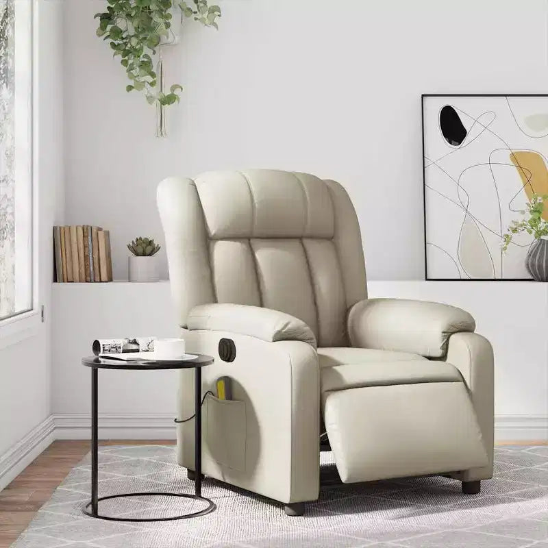 Fauteuil inclinable de massage électrique - Fauteuil en similicuir crème avec inclinaison motorisée, massage vibrant, poche latérale pour salon