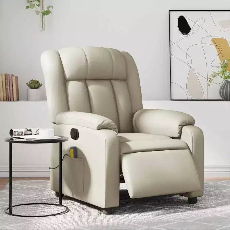 Fauteuil inclinable de massage électrique - Fauteuil en similicuir crème avec inclinaison motorisée, massage vibrant, poche latérale pour salon