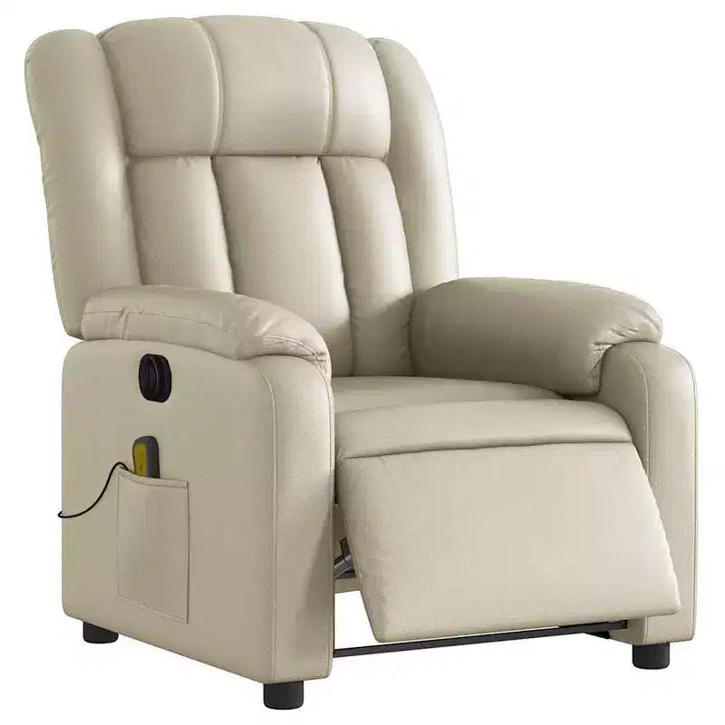 Fauteuil inclinable de massage électrique - Fauteuil en similicuir crème avec inclinaison motorisée, massage vibrant, poche latérale pour salon