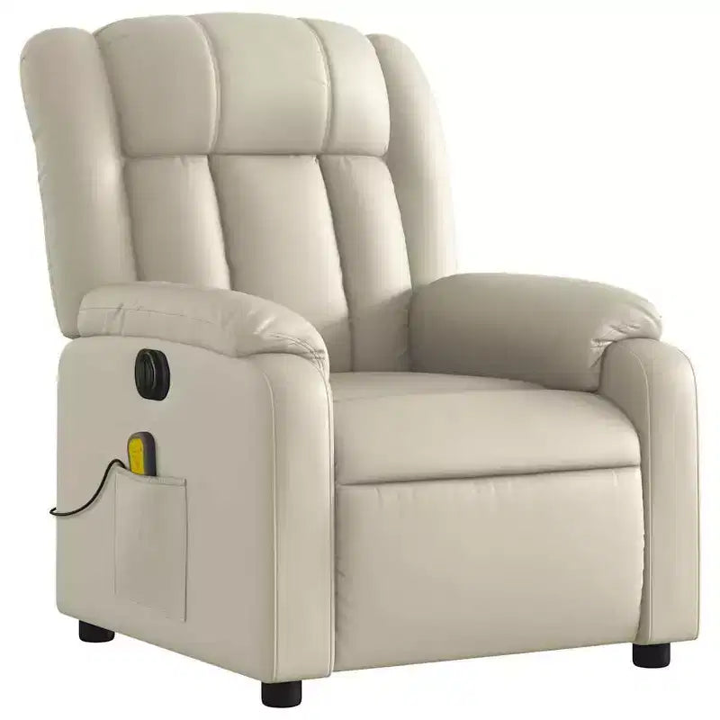 Fauteuil inclinable de massage électrique - Fauteuil en similicuir crème avec inclinaison motorisée, massage vibrant, poche latérale pour salon