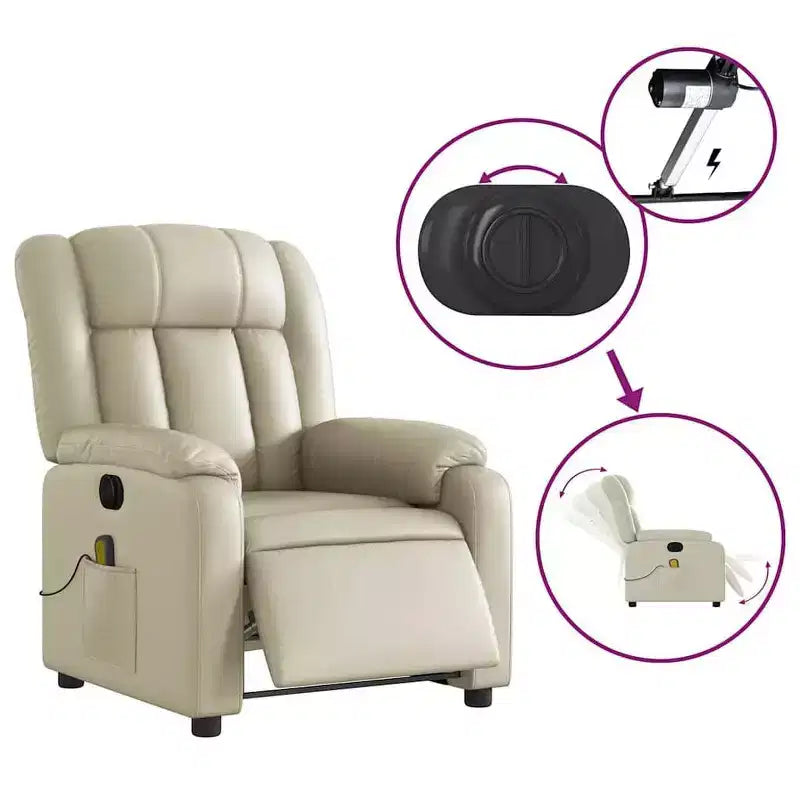 Fauteuil inclinable de massage électrique - Fauteuil en similicuir crème avec inclinaison motorisée, massage vibrant, poche latérale pour salon