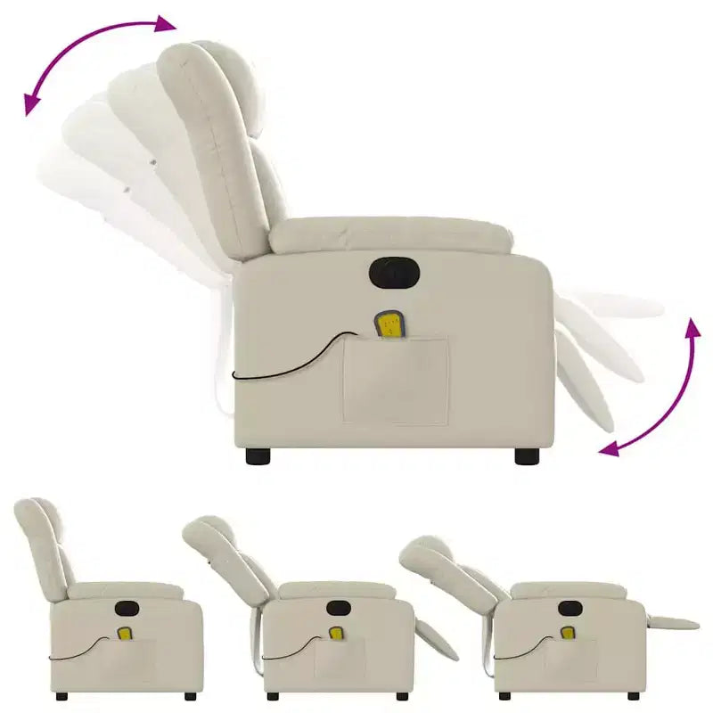 Fauteuil inclinable de massage électrique - Fauteuil en similicuir crème avec inclinaison motorisée, massage vibrant, poche latérale pour salon