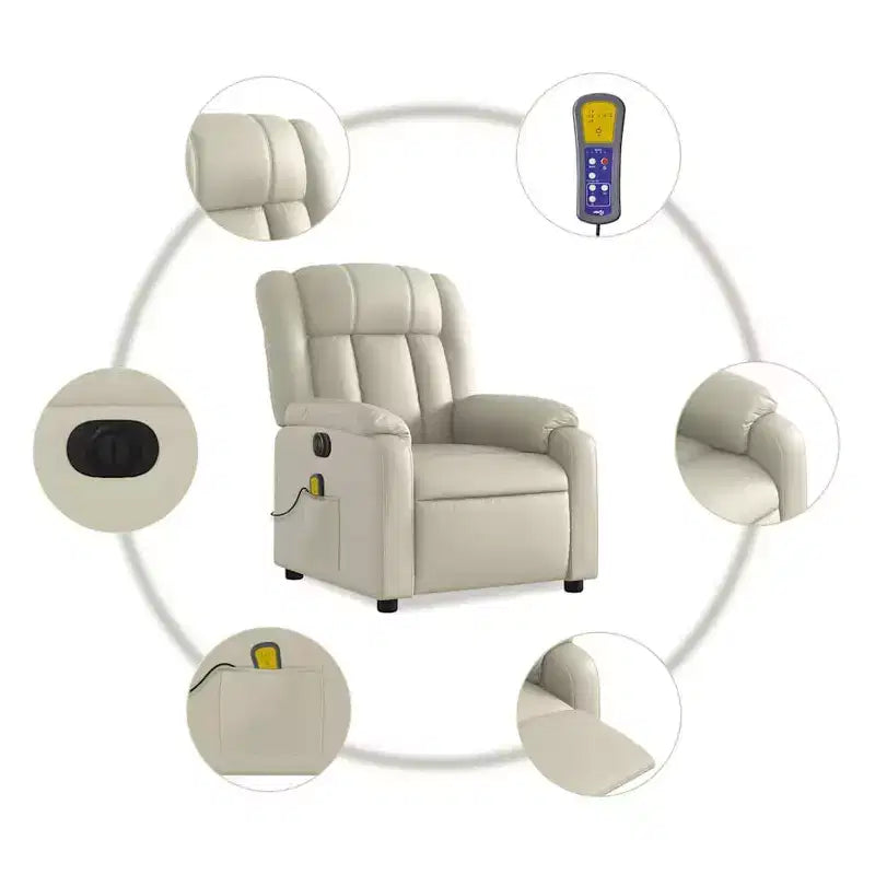 Fauteuil inclinable de massage électrique - Fauteuil en similicuir crème avec inclinaison motorisée, massage vibrant, poche latérale pour salon