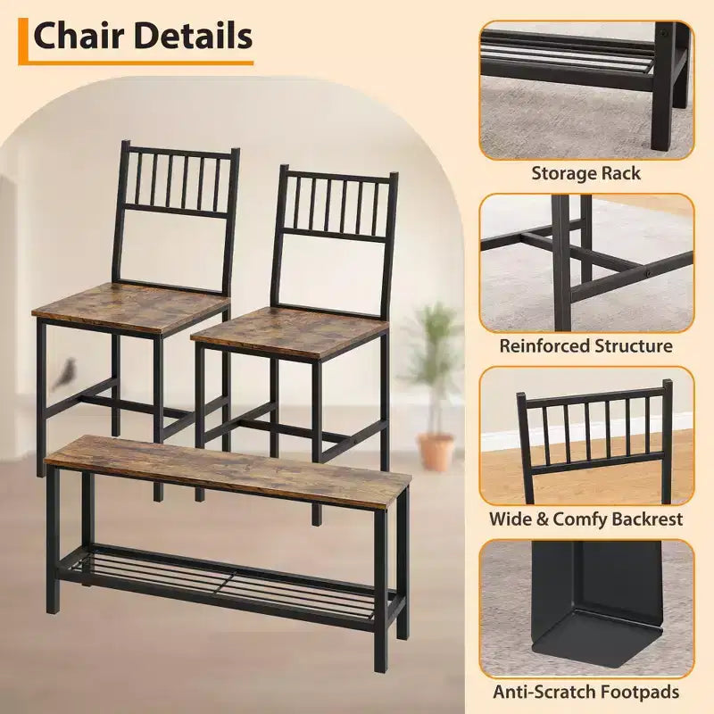 Ensemble Table de Cuisine Fermière pour 4 avec Banc de Rangement, Ensemble Table et Chaises pour Cuisine Salle à Manger Appartement