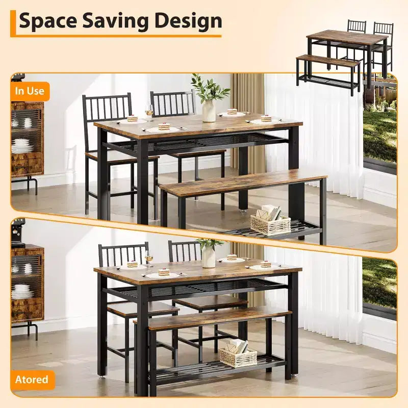 Ensemble Table de Cuisine Fermière pour 4 avec Banc de Rangement, Ensemble Table et Chaises pour Cuisine Salle à Manger Appartement