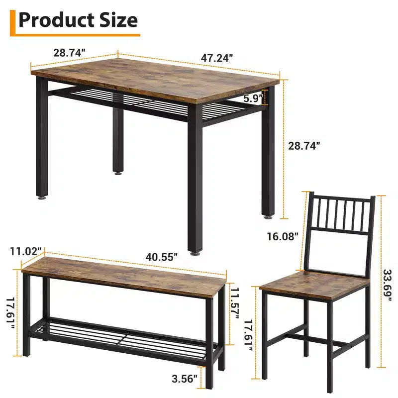 Ensemble Table de Cuisine Fermière pour 4 avec Banc de Rangement, Ensemble Table et Chaises pour Cuisine Salle à Manger Appartement