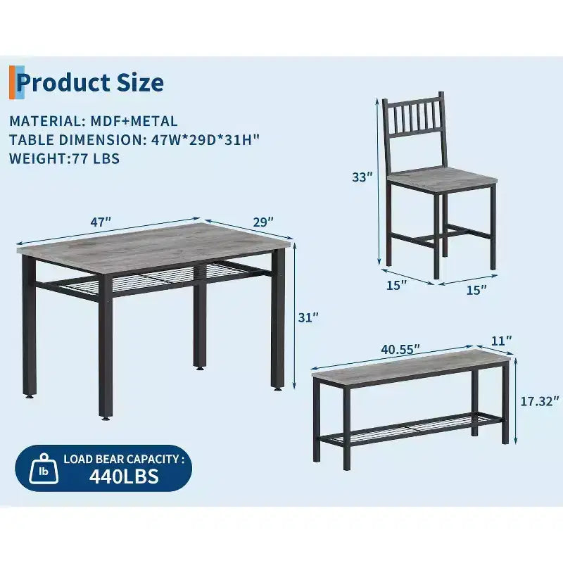 Ensemble Table de Cuisine Fermière pour 4 avec Banc de Rangement, Ensemble Table et Chaises pour Cuisine Salle à Manger Appartement