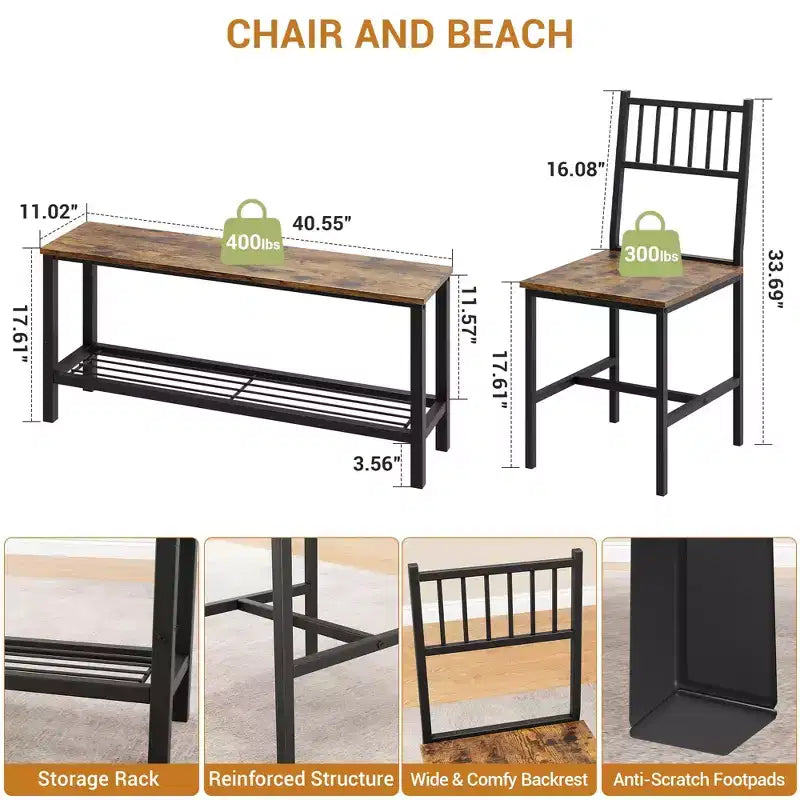 Ensemble Table de Cuisine Fermière pour 4 avec Banc de Rangement, Ensemble Table et Chaises pour Cuisine Salle à Manger Appartement