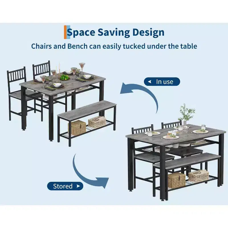 Ensemble Table de Cuisine Fermière pour 4 avec Banc de Rangement, Ensemble Table et Chaises pour Cuisine Salle à Manger Appartement