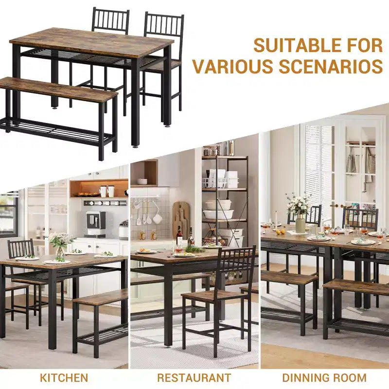 Ensemble Table de Cuisine Fermière pour 4 avec Banc de Rangement, Ensemble Table et Chaises pour Cuisine Salle à Manger Appartement