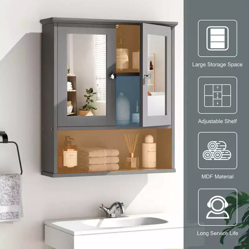 Armoire à pharmacie de salle de bain Celebalcony avec miroir, murale, organisateur suspendu en bois à compartiments ouverts avec portes et étagères réglables