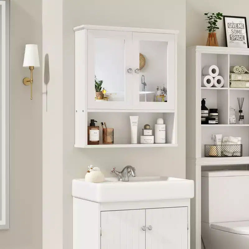 Armoire à pharmacie de salle de bain Celebalcony avec miroir, murale, organisateur suspendu en bois à compartiments ouverts avec portes et étagères réglables