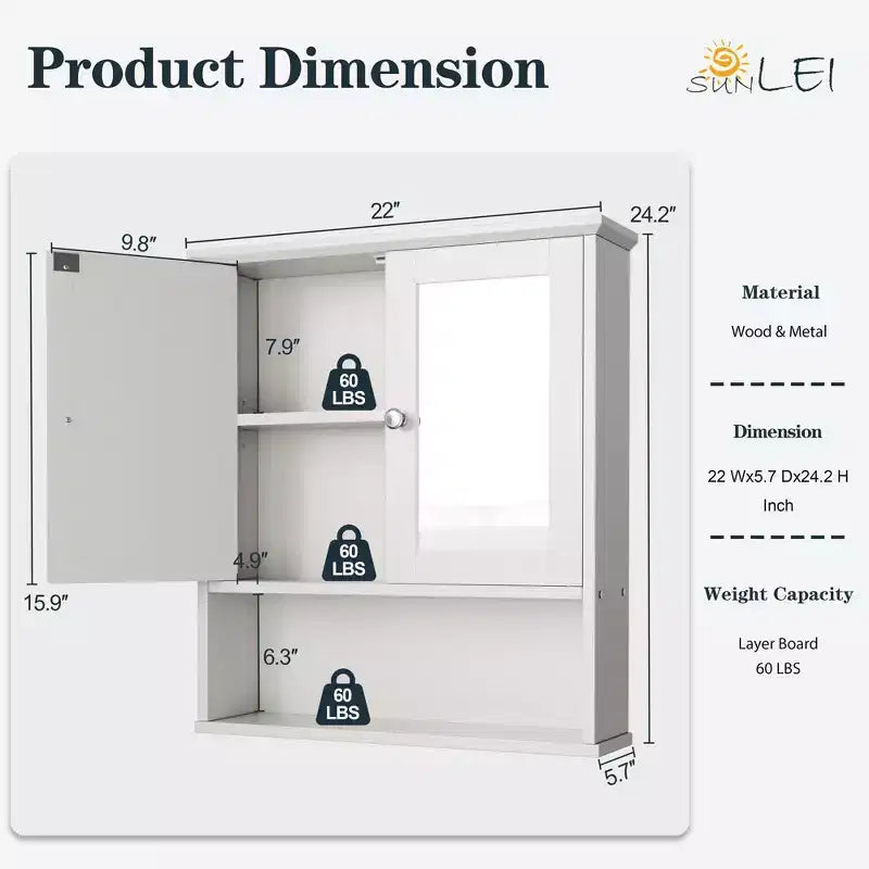 Armoire à pharmacie de salle de bain Celebalcony avec miroir, murale, organisateur suspendu en bois à compartiments ouverts avec portes et étagères réglables