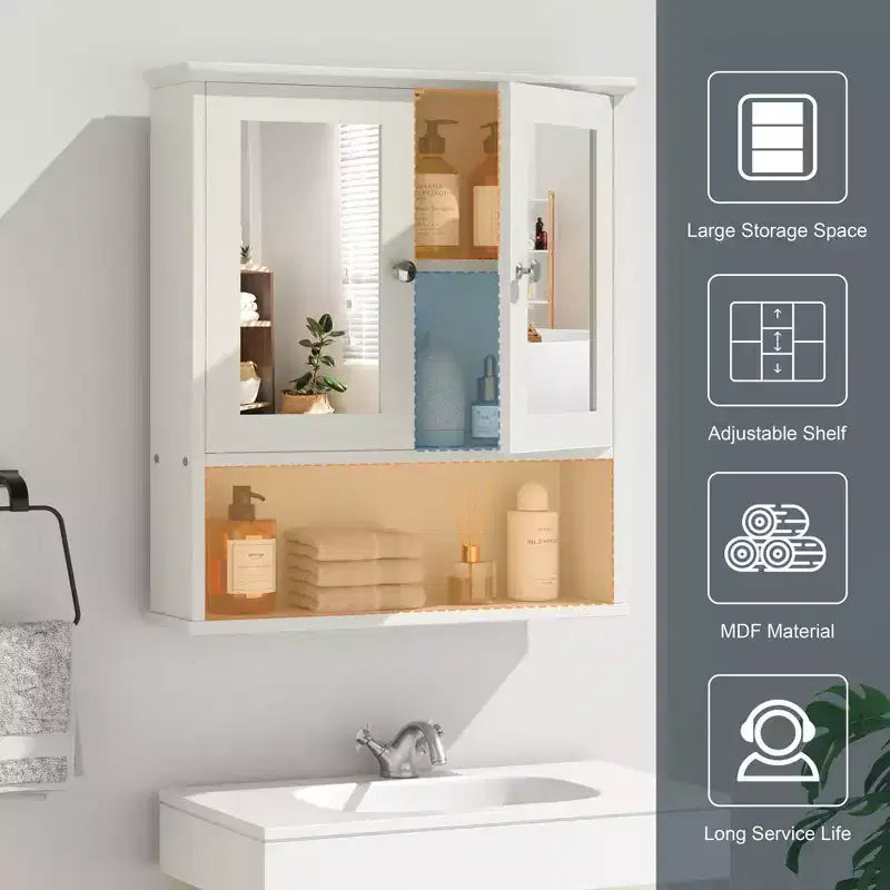 Armoire à pharmacie de salle de bain Celebalcony avec miroir, murale, organisateur suspendu en bois à compartiments ouverts avec portes et étagères réglables