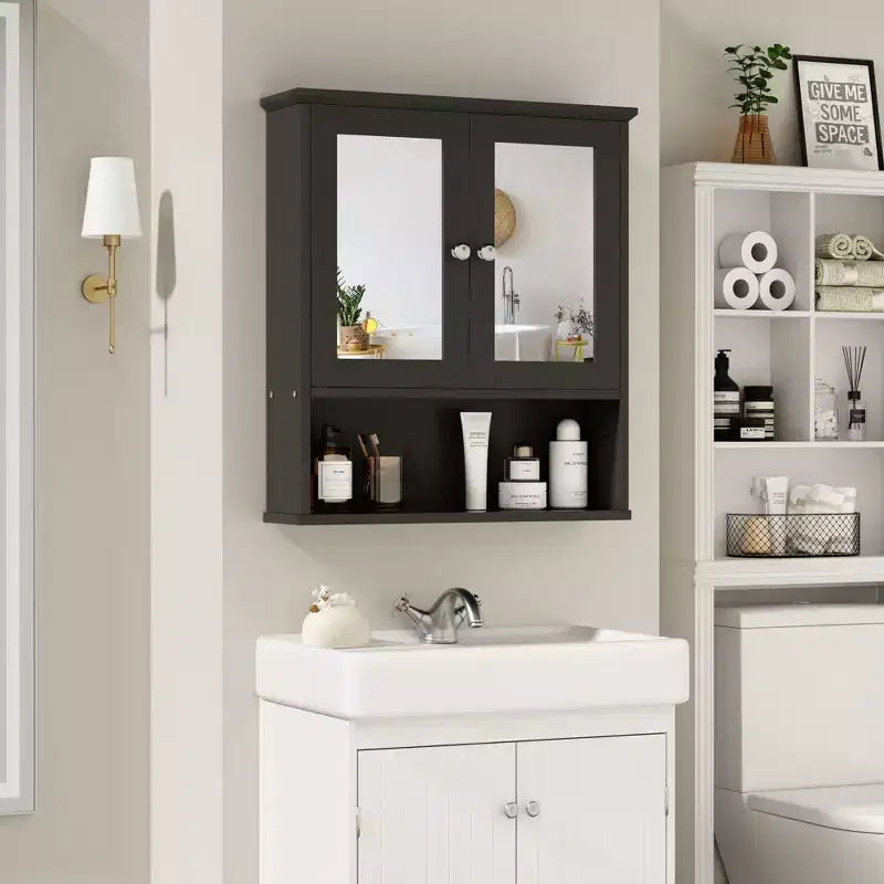 Armoire à pharmacie de salle de bain Celebalcony avec miroir, murale, organisateur suspendu en bois à compartiments ouverts avec portes et étagères réglables